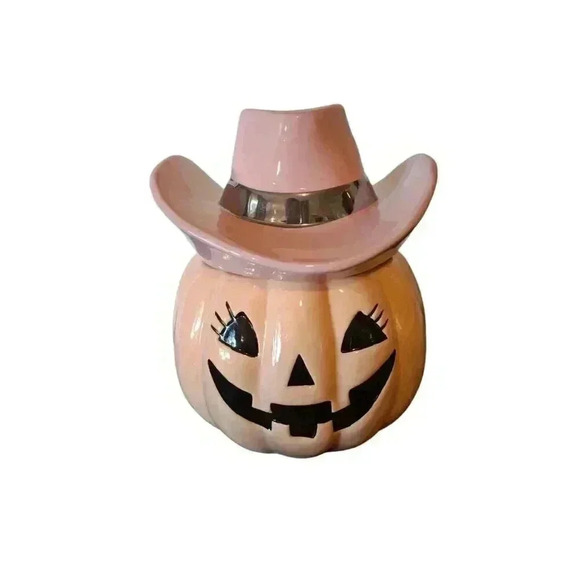 New Cobwebs & Cauldrons PINK Halloween Texas Cowgirl Pumpkin Jack-O-Lantern - Picture 1 of 7